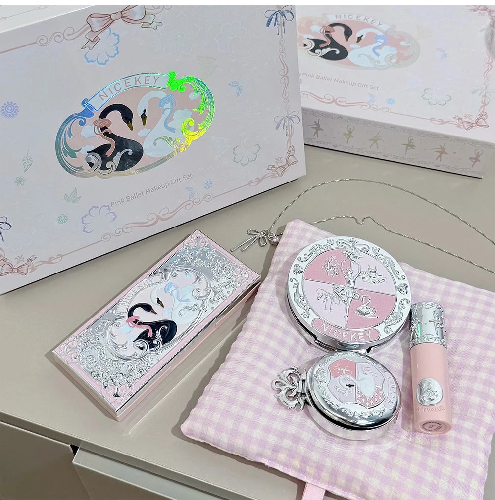 NICEKEY Face Makeup Sets Include 1*Lip mud,1*Pressed Powder,1*Highlight Powder,1*Eyeshadow Palette Powder With Necklace Gift