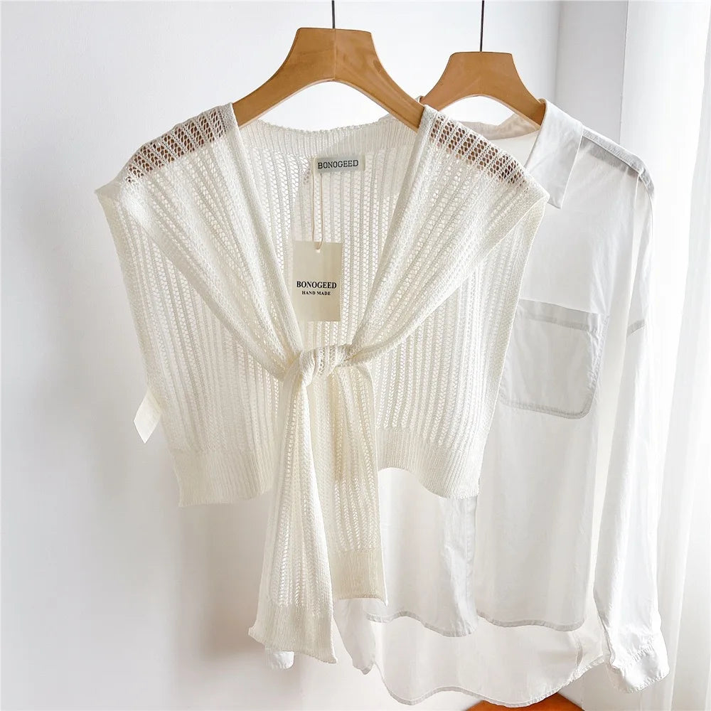 Women Plain Solid Lace Hollow Out Shawls Summer Air Conditioning Fake Collar Neck Guard Knit Thin Knotted Cape Shoulder Scarves