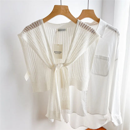 Women Plain Solid Lace Hollow Out Shawls Summer Air Conditioning Fake Collar Neck Guard Knit Thin Knotted Cape Shoulder Scarves