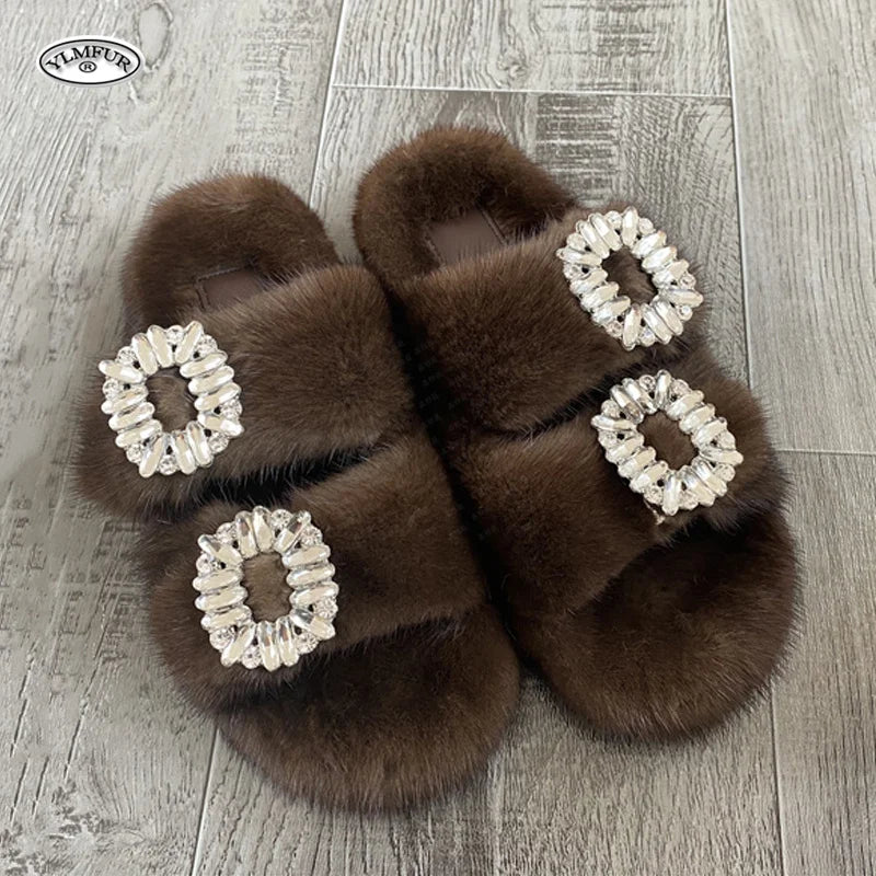 2025 New Women Fur Slippers Shoes Women Warm Winter Crystal Fur Shoes For Women Slippers Casual Plush Comfortable Mink Slippers