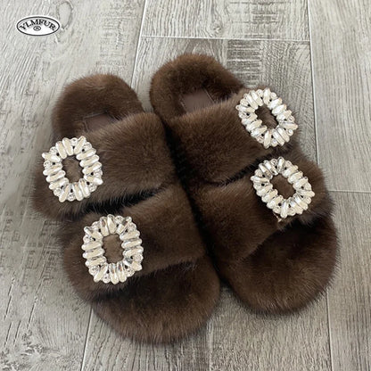 2025 New Women Fur Slippers Shoes Women Warm Winter Crystal Fur Shoes For Women Slippers Casual Plush Comfortable Mink Slippers