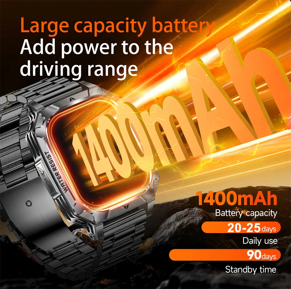 New 1400 mAh Battery Military Smartwatch Men IP68 Waterproof Flashlight Health Monitor Sports Call Smart Watch For iOS Android