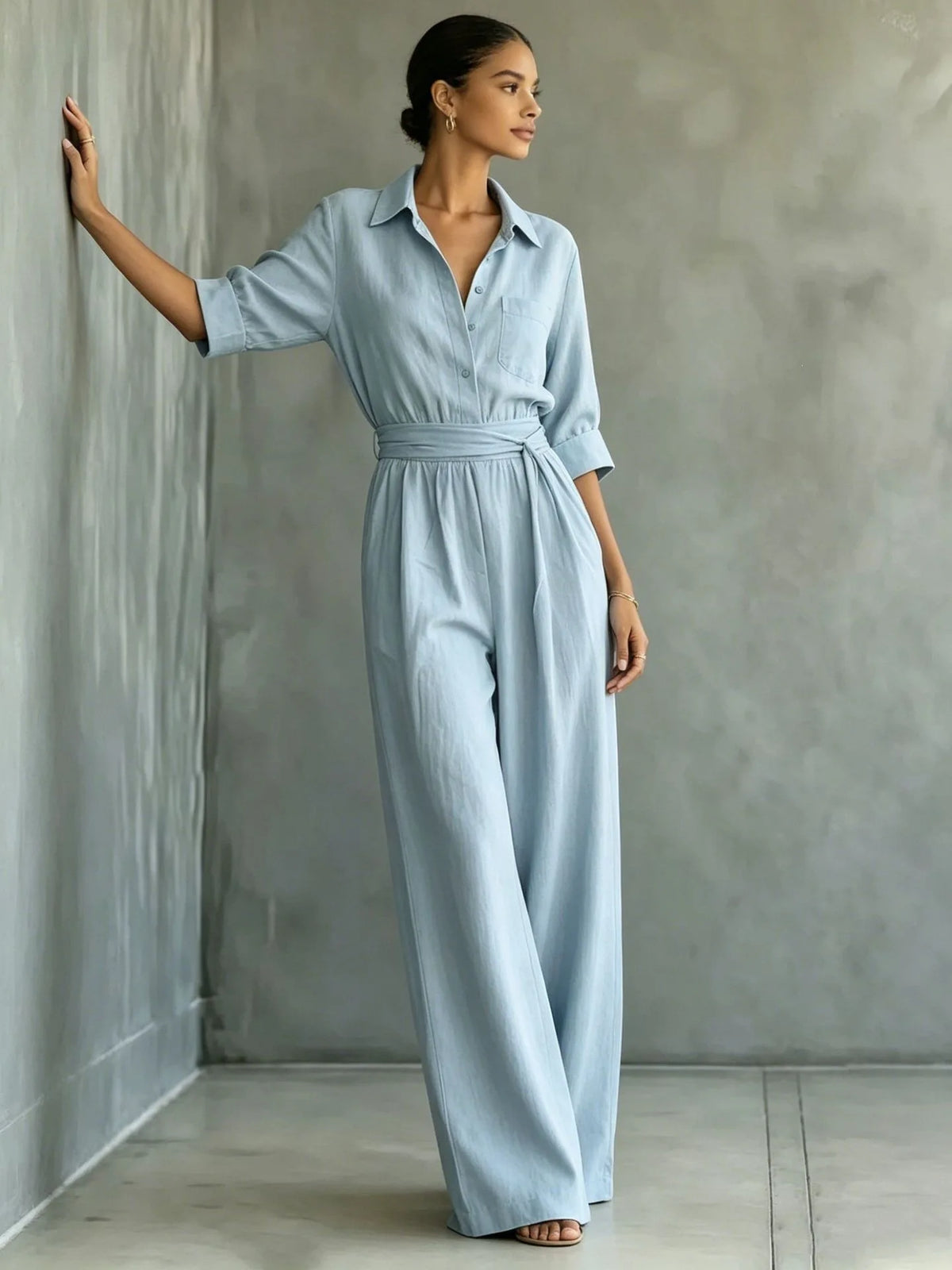 Women's Mid-sleeve Shirts Jumpsuits Spring Summer New 2026 New Fashion Elegant Waisted Lace-up Wide-leg Trousers Female Rompers