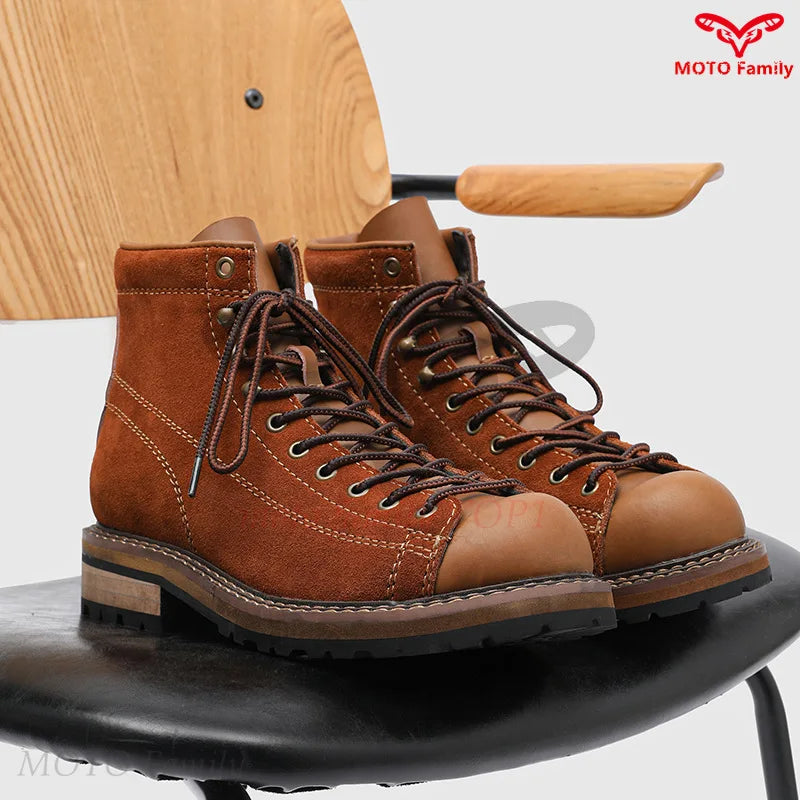 Retro tooling boots cycling boots men's mid-help autumn and winter leather boots locomotive brown trendy shoes 20238-L
