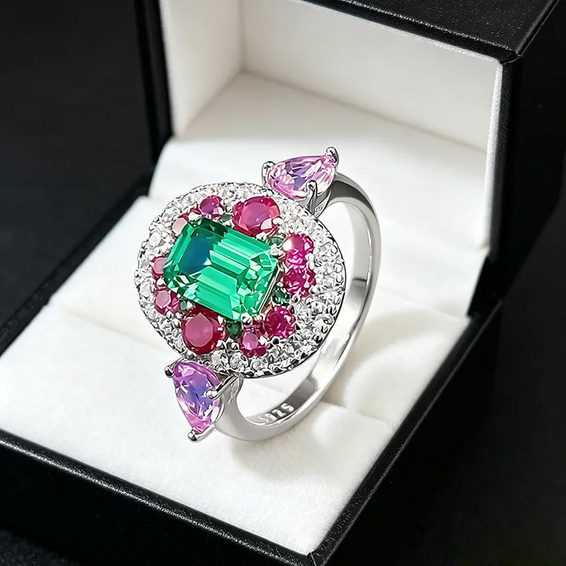 Luxury white gold solid platinum PT950 retro contrasting real emerald 5*7mm ring luxury banquet jewelry