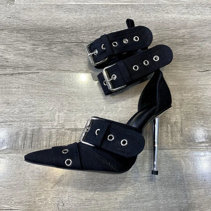 New Women Denim Metal Rivet Buckle Sandals Women Sexy Punk Style Pointed Hollow Metal 11cm High Heel Knee High Boots Size34-43