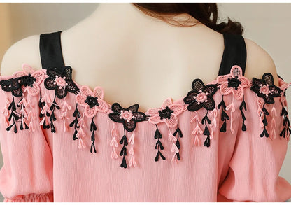 Women Summer Blouses 2024 Short Sleeve Chiffon Women Blouse Shirt Sexy Slash Neck Off Shoulder Top Womens Tops And Blouses B155