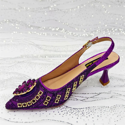 New Arrival Fashion Rhinestone Design Dreamy Color Pointed Toe Women High Heels and Bag Set For Party Wedding or Work