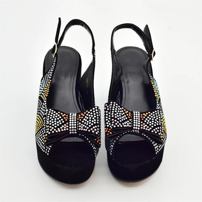 Nigeria Ladies Shoe and Bag Set Decorated with Rhinestone Block Heel Comfortable Platform Pumps Luxury Designer Shoes Women