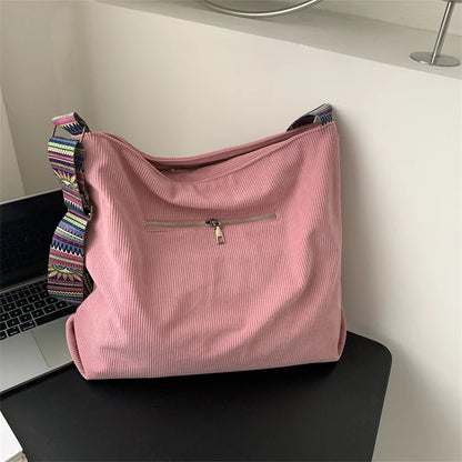 Women Luxury Corduroy Shoulder Bag Large Handbag Big Casual Tote Canvas Lining Solid Cloth Purse Zipper Crossbody Messenger Bags