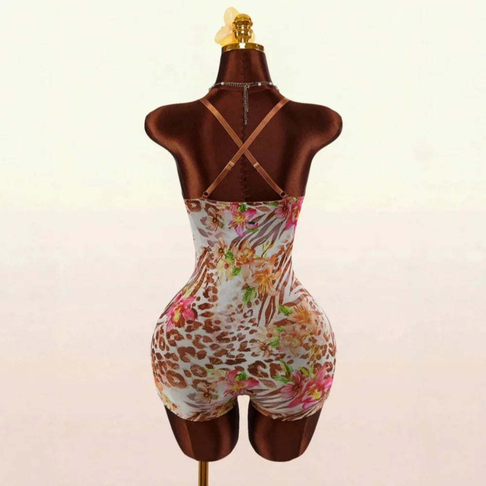 HLJ&GG Vintage Flowers Print Mesh Spaghetti Strap Bodycon One Piece Rompers Women V Neck Sleeveless Jumpsuits Fashion Overalls