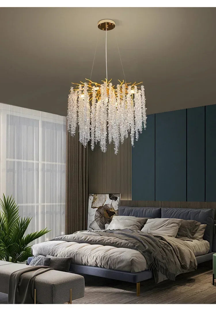 Modern Luxury Gold Branch Tassel Crystal LED Pendant Light Dining Room Living Room Indoor Home Decoration Atmosphere Fixtures