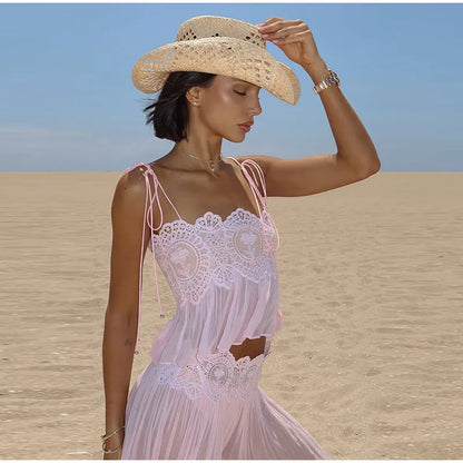 Beach Pink Lace Spliced Women's Set Summer See Through Strap Tank Top Pleated Lantern Pants Sets Lady New Casual Vacation Outfit