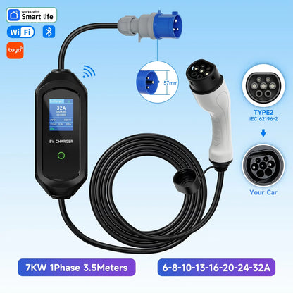 7KW Portable EV Charger Type2/Type1/GBT Electric Car Charger 32A 1Phase Wallbox Fast Charging Cable WiFi APP Bluetooth Control