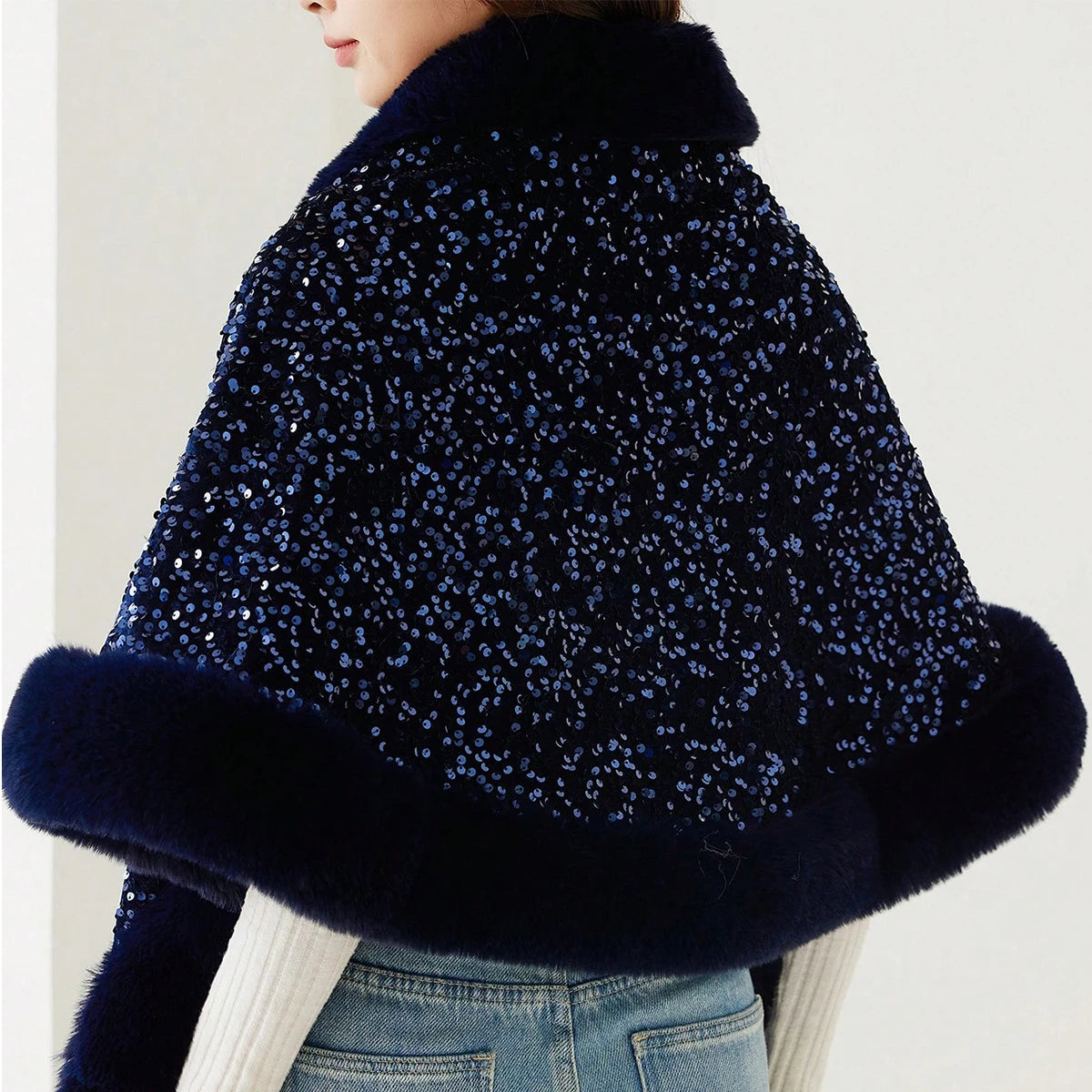 1PC Shiny Sequin Plush Shawl for Women Party Warmth Versatile Faux Fur Collar Blingbling Fashionable Shawl