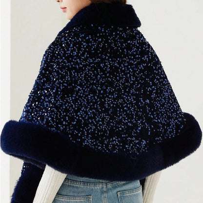 1PC Shiny Sequin Plush Shawl for Women Party Warmth Versatile Faux Fur Collar Blingbling Fashionable Shawl