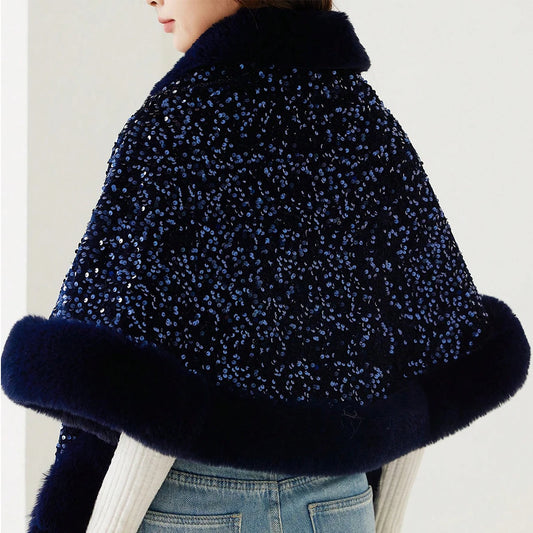 1PC Shiny Sequin Plush Shawl for Women Party Warmth Versatile Faux Fur Collar Blingbling Fashionable Shawl