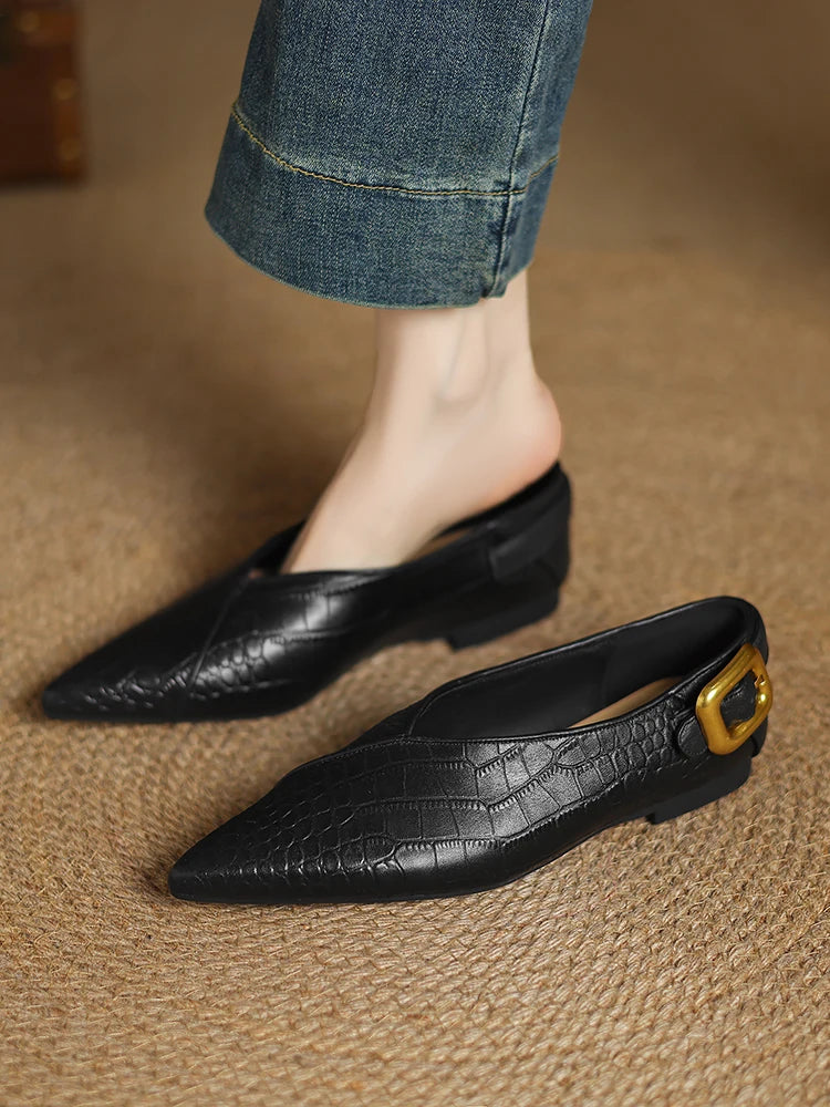 NEW 2025 Trend Genuine Leather Splicing Women Flats Spring Autumn Pattern Flat Shoes Lady Leopard Pointed Toe Buckle Style Shoes