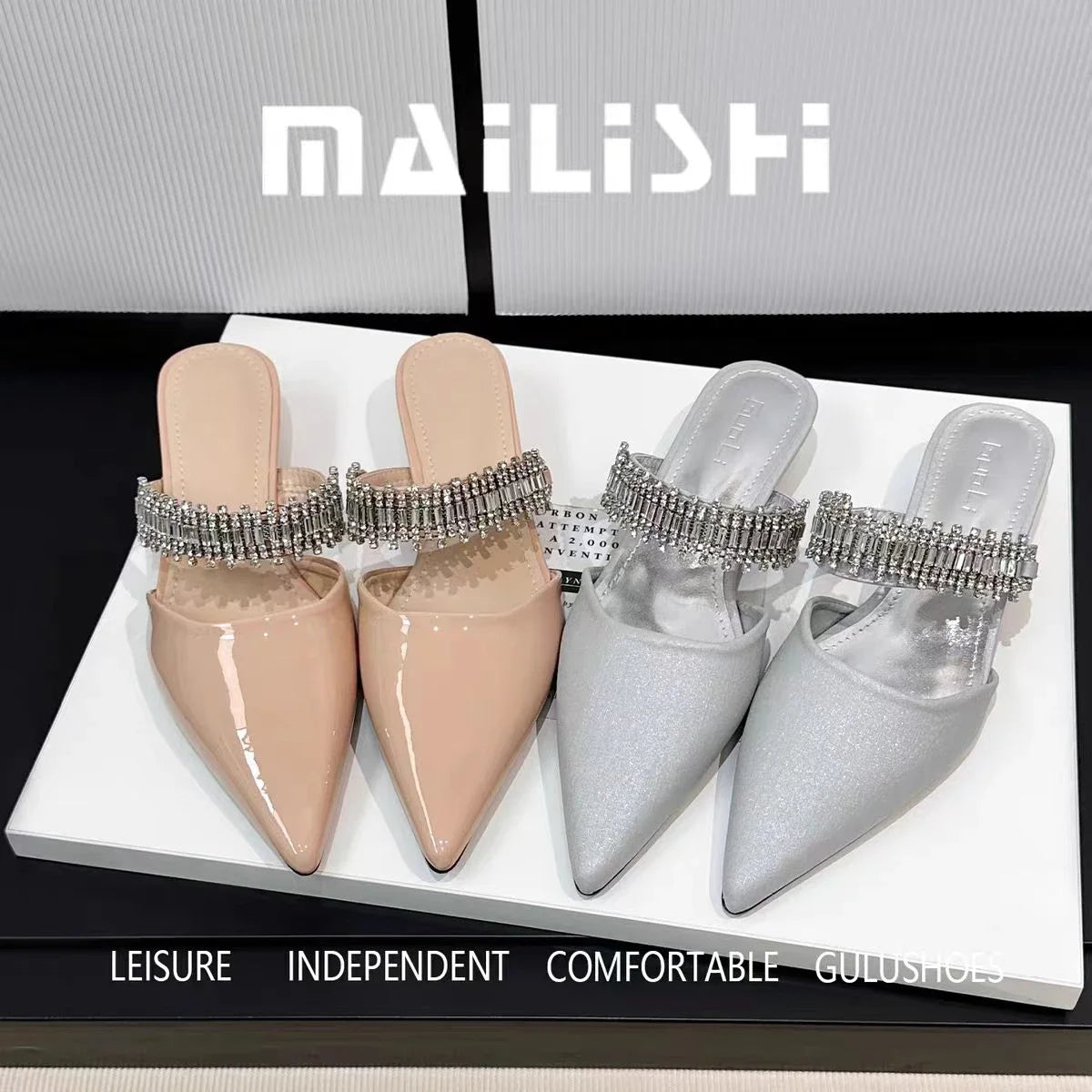 Luxury Crystal Women Slippers Pointed Toe Mules Shoes Elegant Heeled Sandals New Party Slingabck Flip Flops Elegant Mujer Shoes
