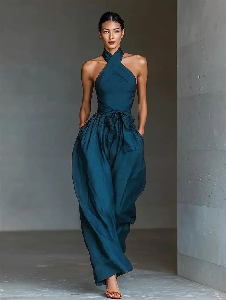 2026 High Waist Tie-up Wide Leg Pants Jumpsuit Woman Sexy Criss Cross Halter Backless Zips Romper Summer Solid Office Overalls