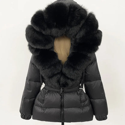 Hot Sale Women Luxury Black Down Jacket Waist‑Cinched Design High‑End Elegant Real Big Fox Fur Hooded Collar Winter Outerwear