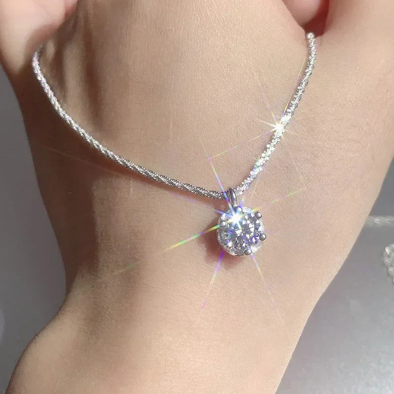 FEOBUR 1/2CT Sparkling Moissanite Necklace for Women Real S925 Silver Chains Diamond Pendant Female Wedding Trend Jewelry Gift