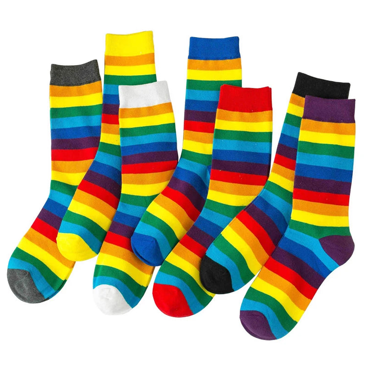 Rainbow Striped Socks Colorful Fashion Women Middle Tube Long Socks Trendy Candy Colors Breathable Cotton Casual Sport Socks New