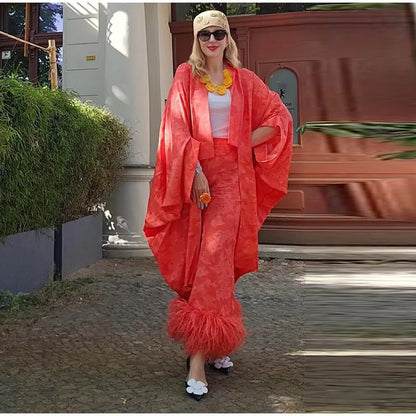 Jacquard Satin Fringe Three Piece Set Kimono Long Open Coat Wrap V Neck Top Fringe Trousers 2026 Summer Resort Lady Elegant Suit