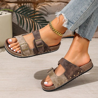 Women's Luxury Metal Buckle Decorated Slippers New Retro Thick-Soled Casual Shoes Summer Outdoor Vacation Beach Slippers Size43