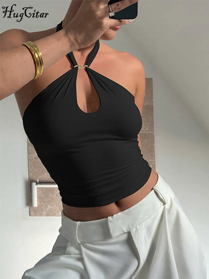 Hugcitar Women Fashion Halter Solid Loop Backless Bandage Sexy Crop Tank Top 2025 Summer Casual Clothes Streetwear Vacation Club