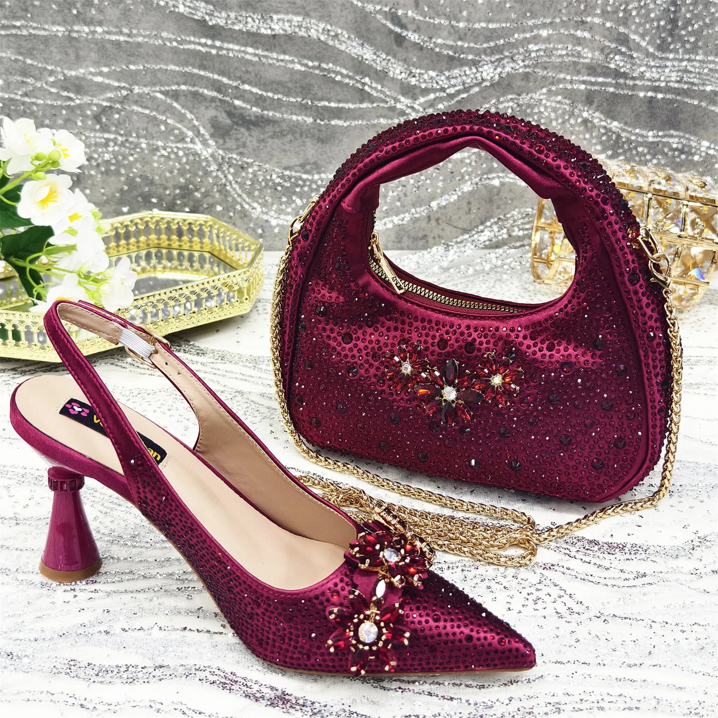 Venus Chan Olive-Green Pointed-Toe Women's High Heels Shoes and Bags for Party Rhinestone Evening Elegant Luxury Handbag