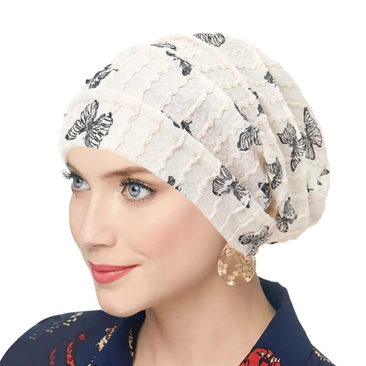 Butterfly Print Women Turban Indian Hat Muslim Hijab Bonnet Hair Loss Headscarf Chemo Cap Headwear Bandanas Turbante Mujer