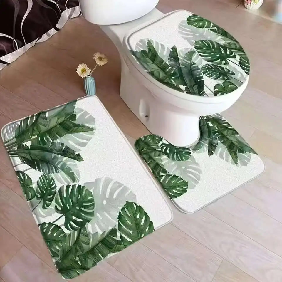 VIKAMA Tropical Leaves Bath Mat Set Palm Leaf Monstera Green Plants Home Carpet Flannel Bathroom Floor Rugs Toilet Lid Cover