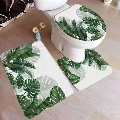 VIKAMA Tropical Leaves Bath Mat Set Palm Leaf Monstera Green Plants Home Carpet Flannel Bathroom Floor Rugs Toilet Lid Cover
