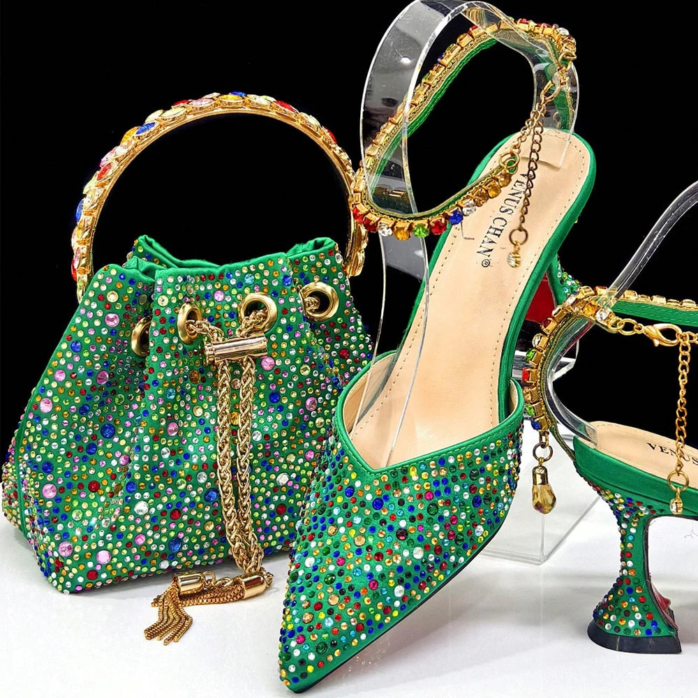 Vemus Chan 2026 New Shiny Italian Fashion Women’s Pointed Toe Heels with Rhinestone Detailing & Matching Green Color Bag Set