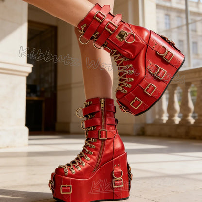Platform Ankle Boots Belt Buckle Button Lace-Up Women Shoes Round Toe Wedges Solid Color Fashion Luxury Elegant Concise Sexy New
