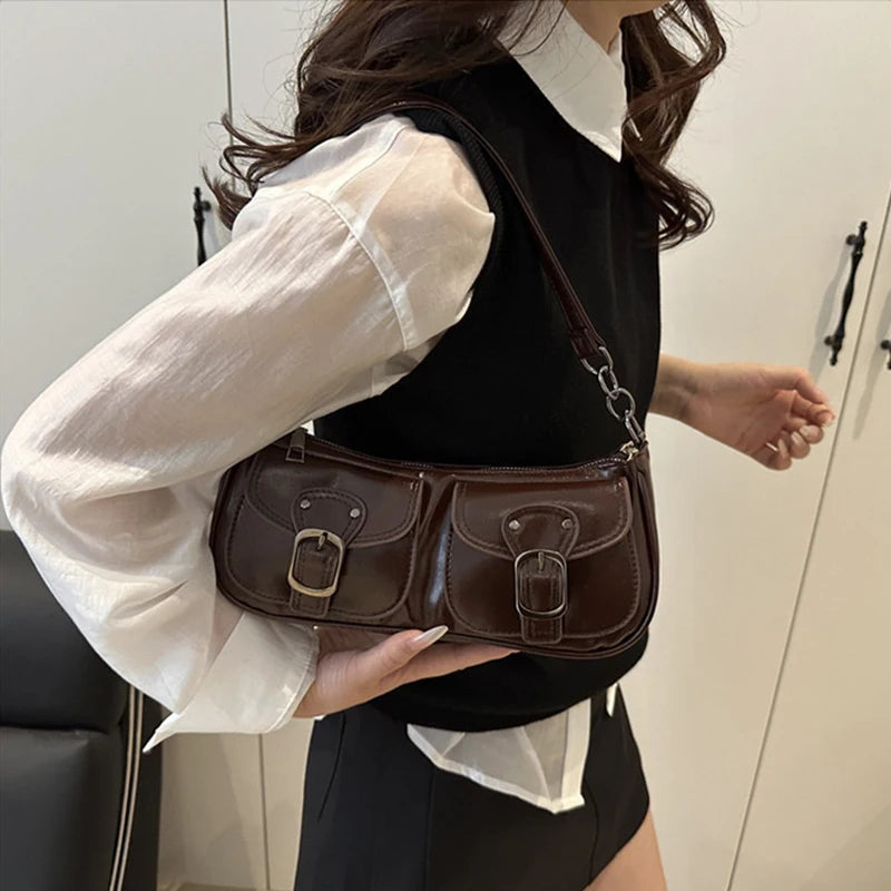 Fashion Pu Leather Women's Shoulder Bag Small Double Pocket Design Ladies Underarm Bags Y2k Vintage Female Handbags Clutch Purse