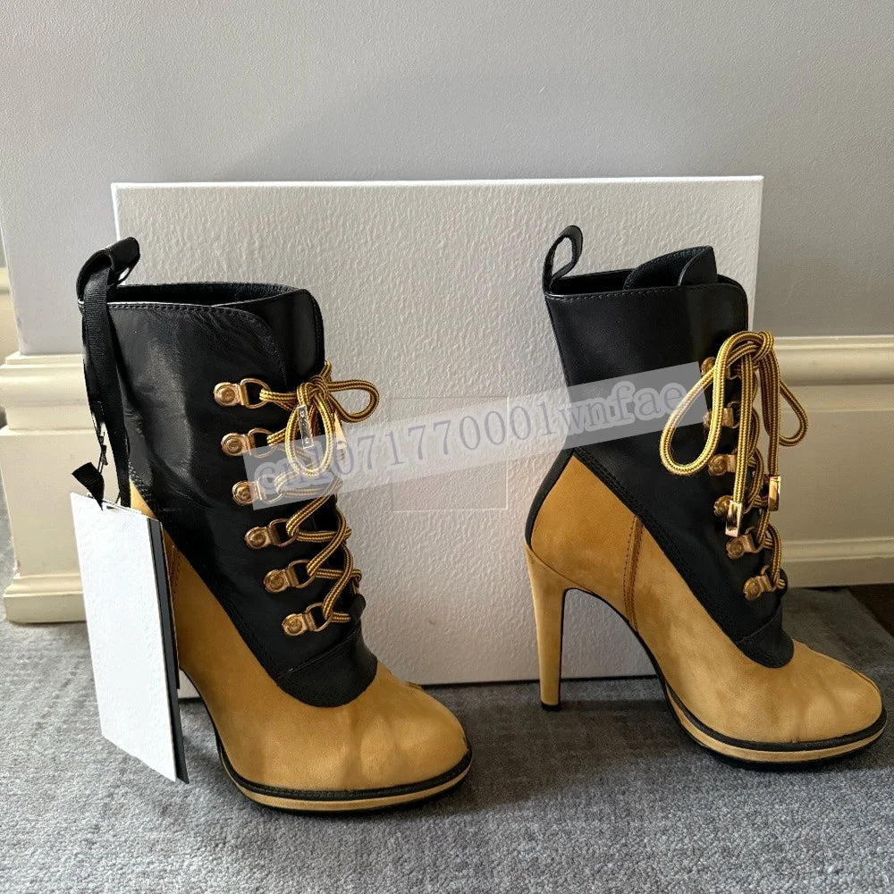 Women'S Color Lace Up Stiletto Heel Ankle Boots Faux Leather Suede High Heel Short Booties Fashion Casual Streetwear Shoes 46