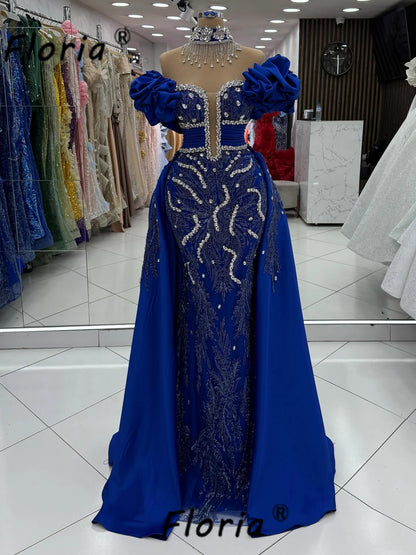 Two PCs Blue Dubai Women Celebrity Party Dress with Overskirt Silver Crystal Ruffles Mermaid Wedding Event Gown Vestidos De Gala