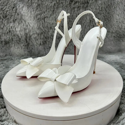 New white bow high-heeled shoes with women's patent leather pointed and slender heels, sexy and elegant, perfect for commuting