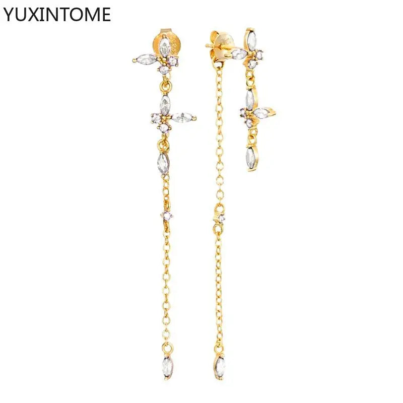 925 Sterling Silver Needle Long Chain Stud Earrings For Women Exquisite Zircon Geometric Tassel Pendant Earrings Luxury Jewelry