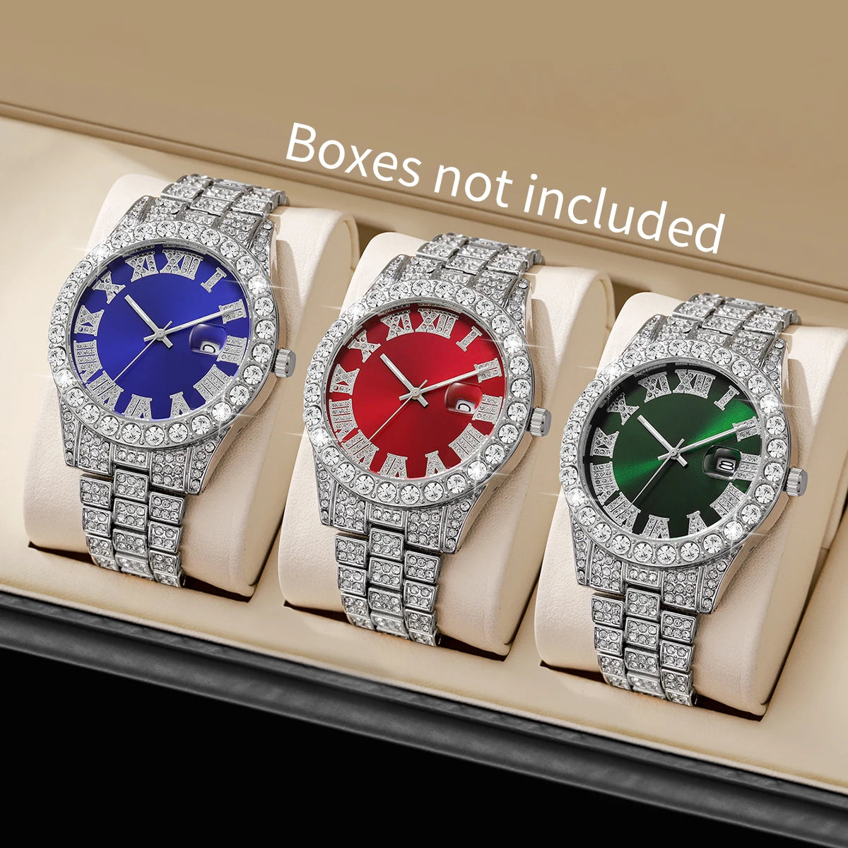 3PCS/Set Fashion Men Watches Luxury Rhinestone Roma Dial Quartz Watch Calendar Clock for Man Gifts Reloj Hombre（Without Box）