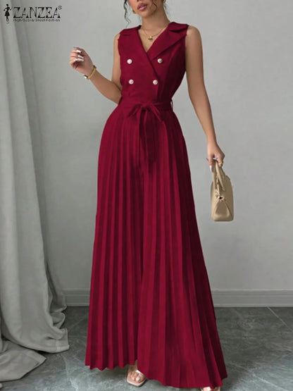Fashion Women Jumpsuits 2026 ZANZEA Summer Rompers Elegant Wide Leg Work OL Overalls V Neck Sleeveless Pleated Playsuit Trousers