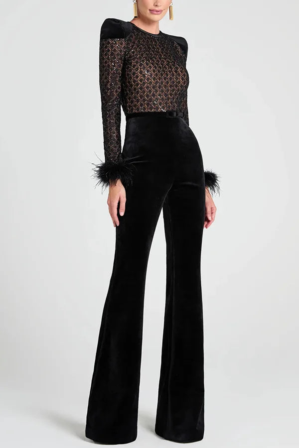 New Women's Fashion Long Sleeve Round Neck Gold Velvet Patchwork Sexy Jumpsuit Ladies Solid Color Slim Fit Jumpsuit For Women