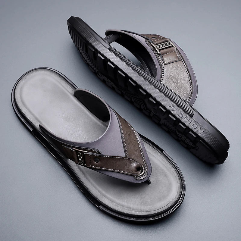 New Trend Men's Flip Flops Leather Beach Sandals Quick Dry Water Shoes Non Slip Summer Slippers Outdoor Slides Walking Sandalias