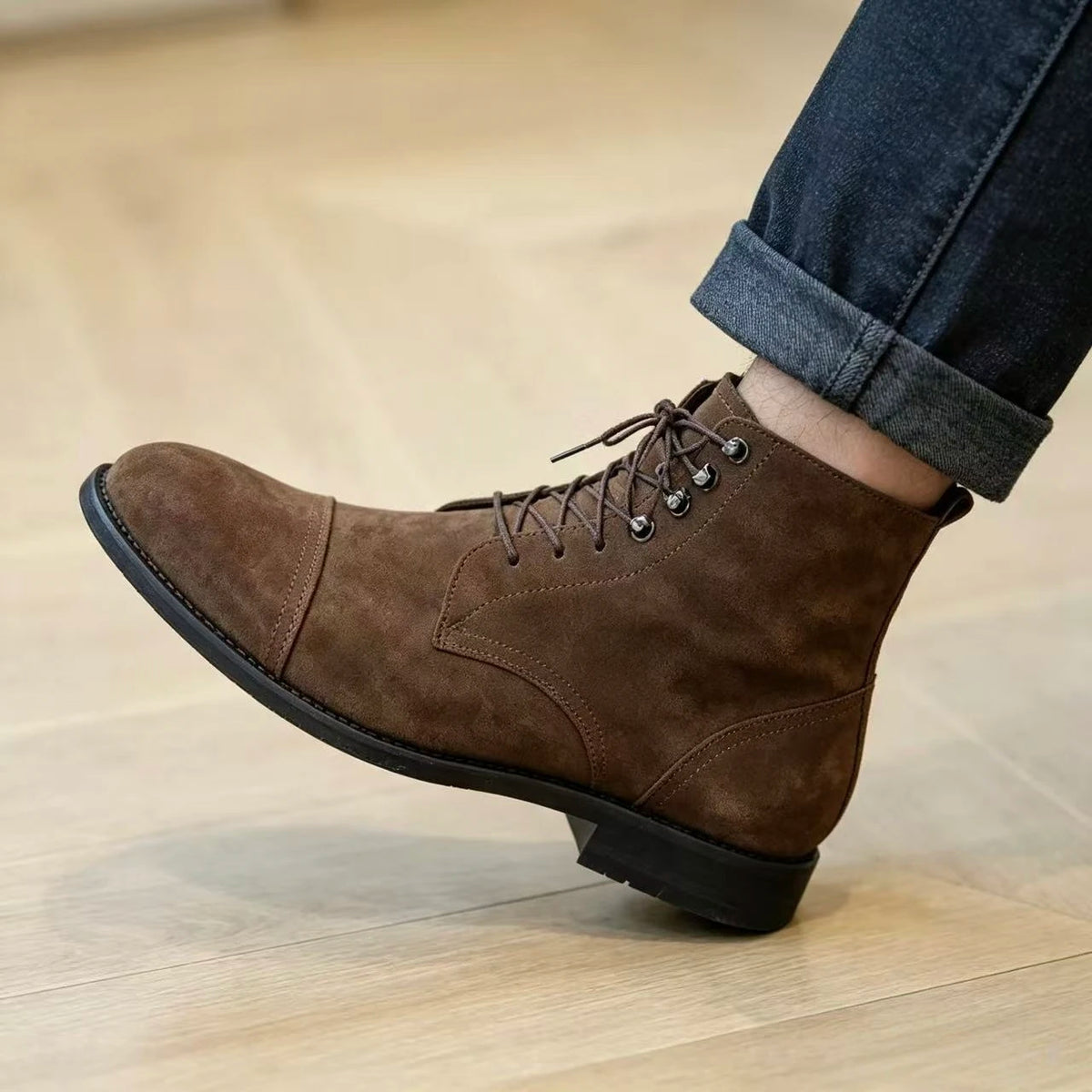 Suede Leather Mens Motocross Boots Lace‑Up Ankle Boots Men Formal Business Boots Men Vintage Hand‑Stitched Man Casual Shoes