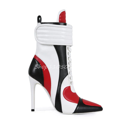 2026 Knee High Woman Boots Sexy Pointed Toe Lace-up Ladies Long Boots Thin Heel Patchwork Leather Motorcycle Boots 44