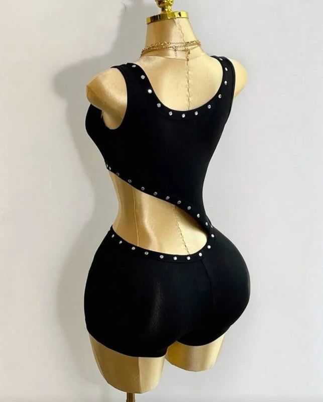 Y2k Sexy Rompers Women Outfit Hollow Out Laced Up Sleeveless Tight Bodycon Romper Ribbed One Piece Shorts Jumpsuit Playsuit