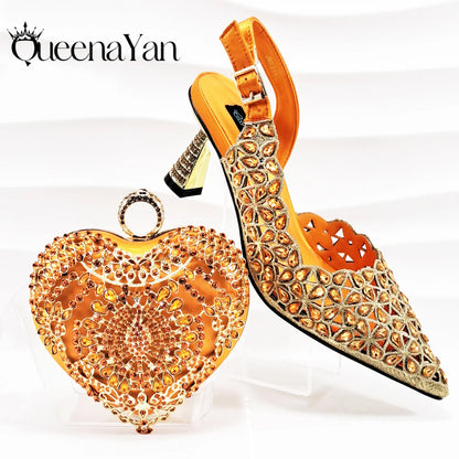 QSGFC Italian Design Rhinestone-encrusted Sex Ladies Shoes And Special Bag High Heels And Heart Shape Gold Mini Bag