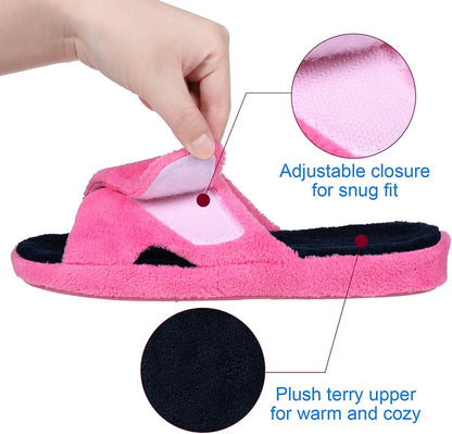 Smile Popcorn Women Adjustable Cross Strap Slippers Soft Fleece Two-tone Open Toe Non Slip Cozy Memory Foam Indoor House Slides